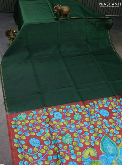 Pure soft silk saree sap green and maroon shade with plain body and hand painted kalamkari pallu