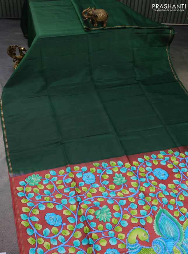 Pure soft silk saree sap green and maroon shade with plain body and hand painted kalamkari pallu