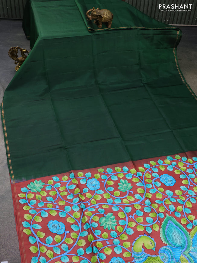 Pure soft silk saree sap green and maroon shade with plain body and hand painted kalamkari pallu