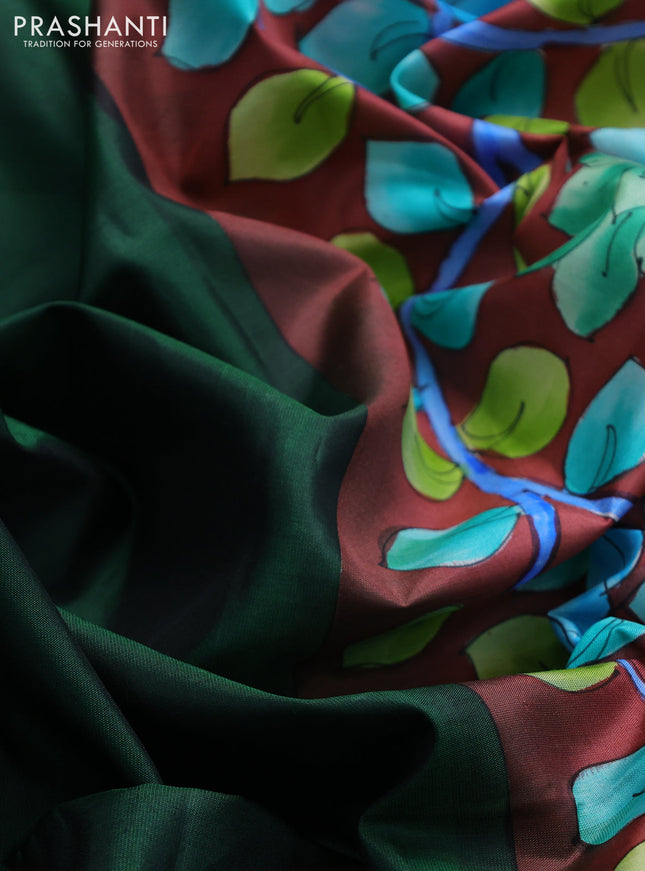 Pure soft silk saree sap green and maroon shade with plain body and hand painted kalamkari pallu