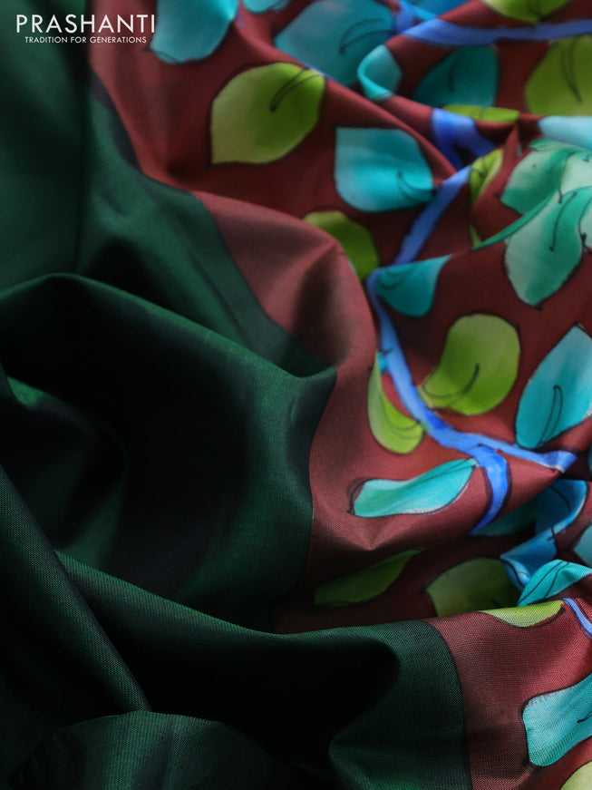 Pure soft silk saree sap green and maroon shade with plain body and hand painted kalamkari pallu