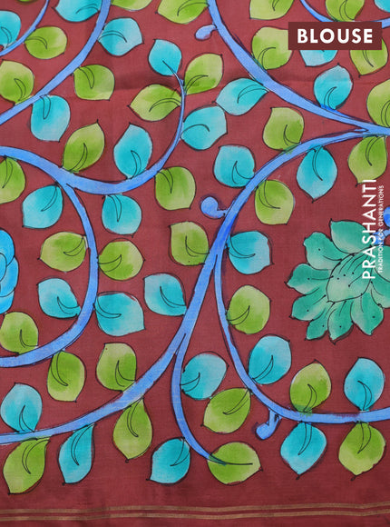 Pure soft silk saree sap green and maroon shade with plain body and hand painted kalamkari pallu