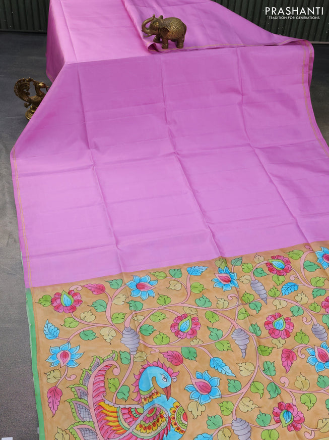 Pure soft silk saree lotus pink and sandal with plain body and hand painted kalamkari pallu