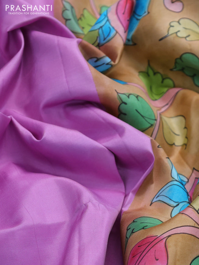 Pure soft silk saree lotus pink and sandal with plain body and hand painted kalamkari pallu