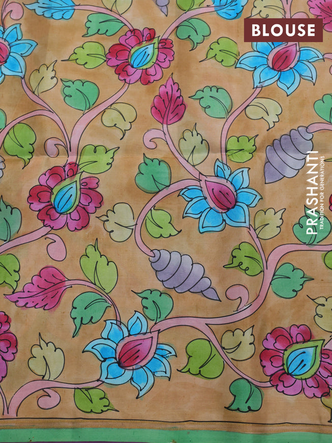 Pure soft silk saree lotus pink and sandal with plain body and hand painted kalamkari pallu