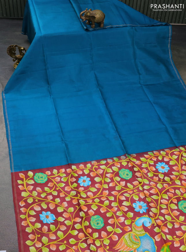 Pure soft silk saree dual shade of teal and maroon with plain body and hand painted kalamkari pallu