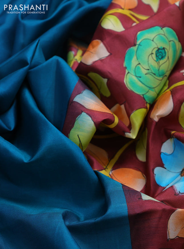 Pure soft silk saree dual shade of teal and maroon with plain body and hand painted kalamkari pallu