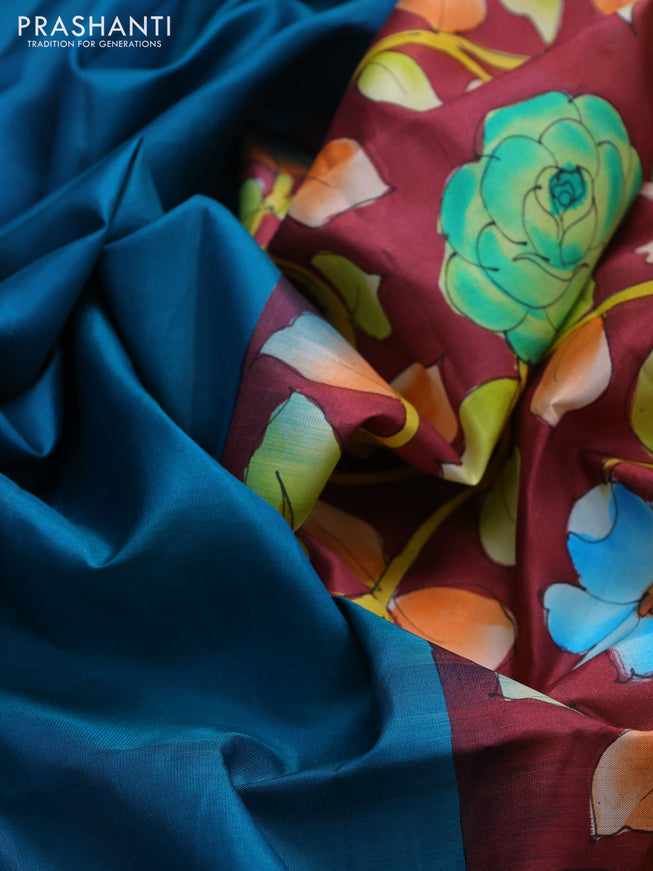 Pure soft silk saree dual shade of teal and maroon with plain body and hand painted kalamkari pallu
