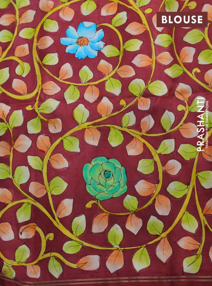 Pure soft silk saree dual shade of teal and maroon with plain body and hand painted kalamkari pallu