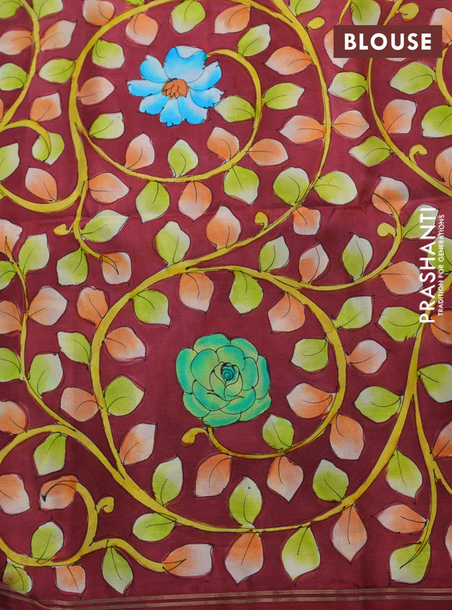 Pure soft silk saree dual shade of teal and maroon with plain body and hand painted kalamkari pallu
