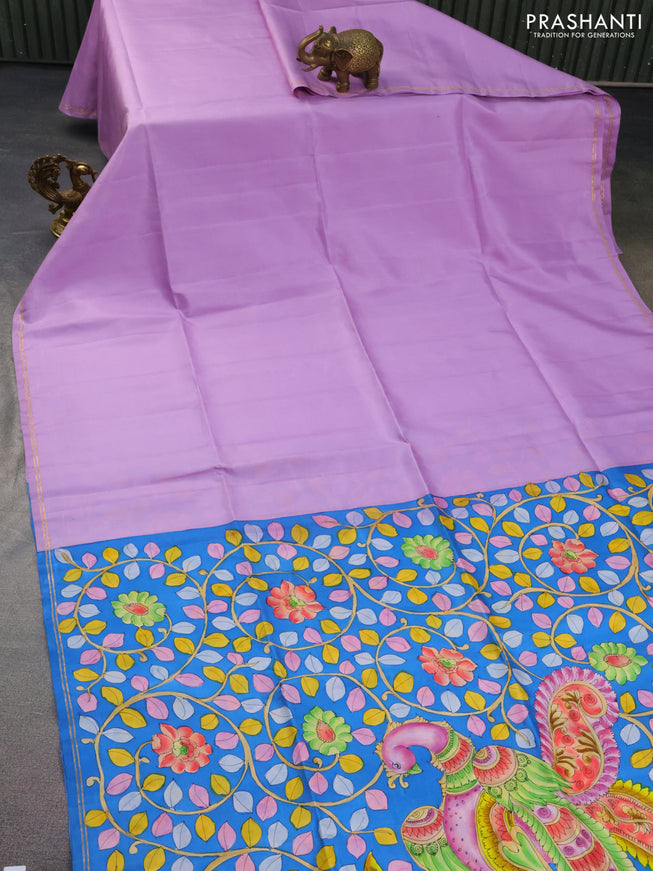 Pure soft silk saree lotus pink and cs blue with plain body and hand painted kalamkari pallu