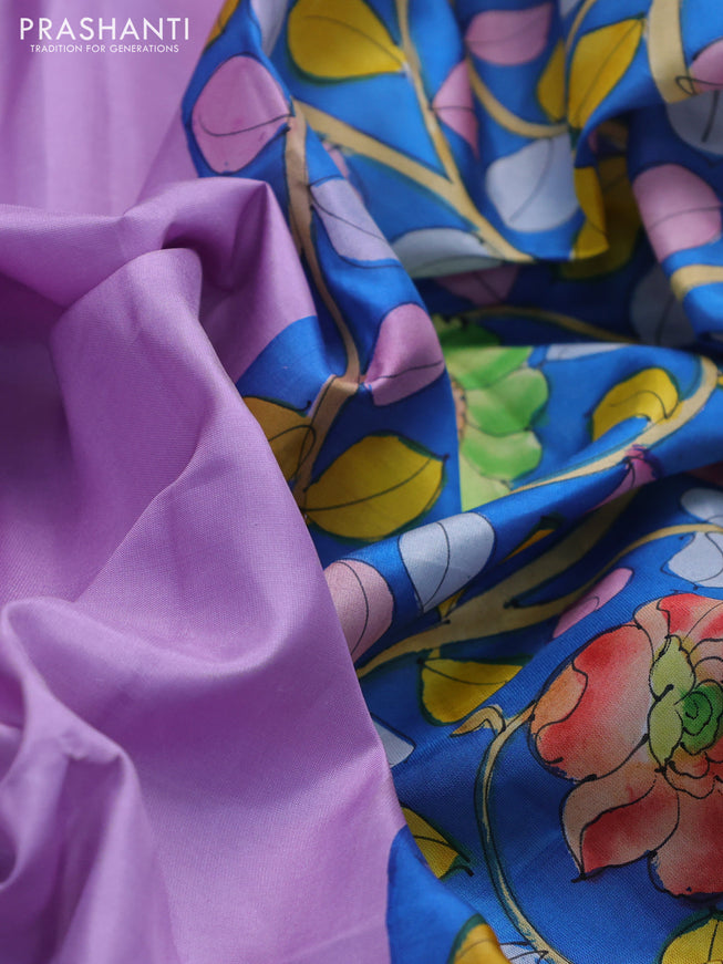 Pure soft silk saree lotus pink and cs blue with plain body and hand painted kalamkari pallu