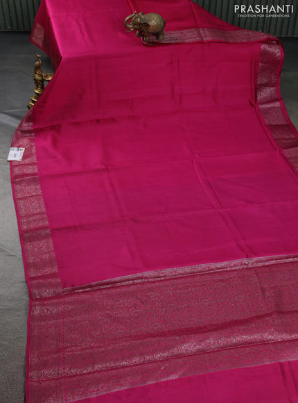 Chiniya silk saree magenta pink and deep coffee brown with plain body and woven border