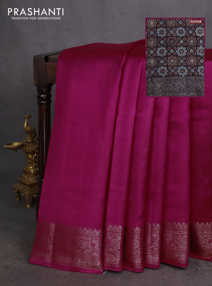 Chiniya silk saree magenta pink and deep coffee brown with plain body and woven border