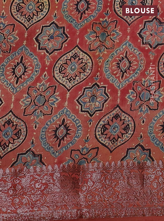 Chiniya silk saree dark mustard and rust shade with plain body and woven border