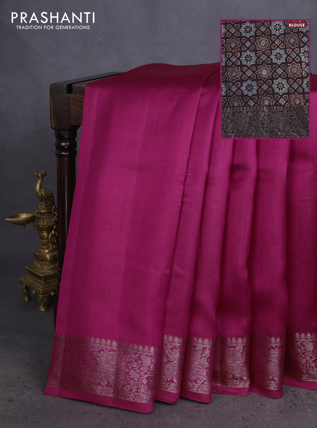 Chiniya silk saree magenta pink and coffee brown with plain body and woven border