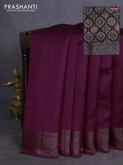 Chiniya silk saree wine shade and black with plain body and woven border