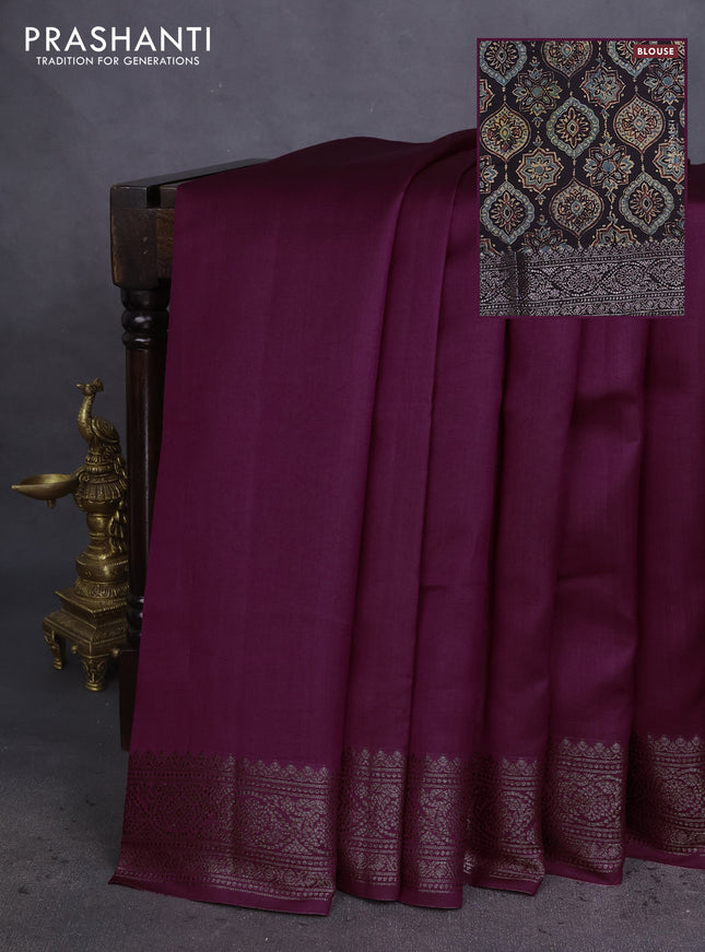 Chiniya silk saree wine shade and black with plain body and woven border