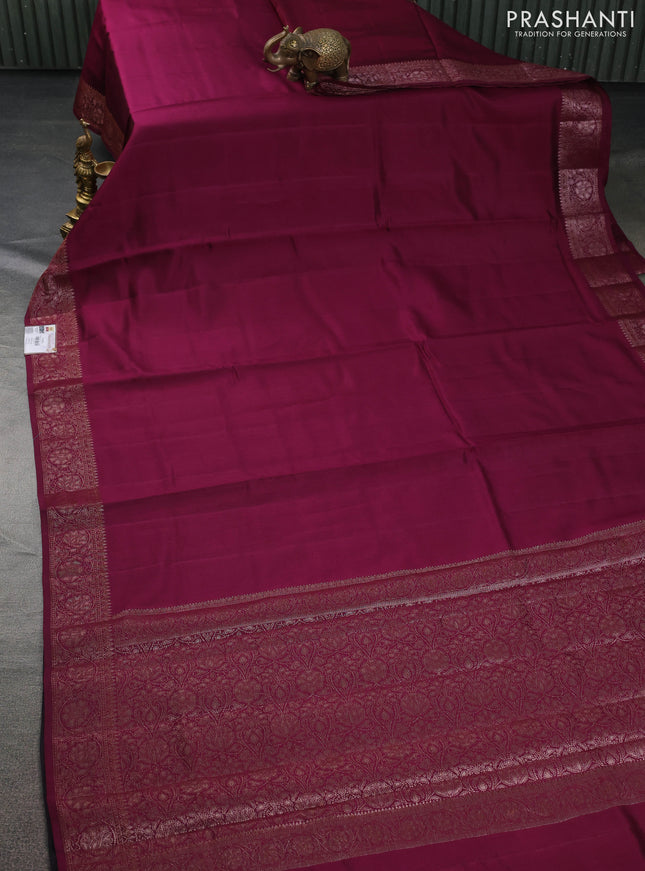 Chiniya silk saree wine shade and deep jamun with plain body and woven border
