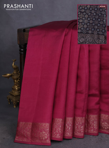 Chiniya silk saree wine shade and deep jamun with plain body and woven border