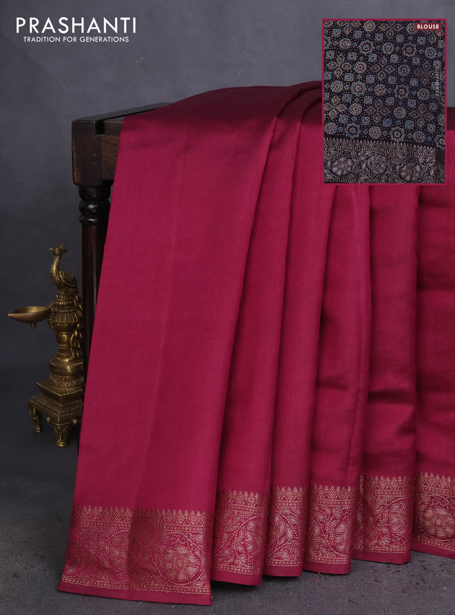 Chiniya silk saree wine shade and deep jamun with plain body and woven border