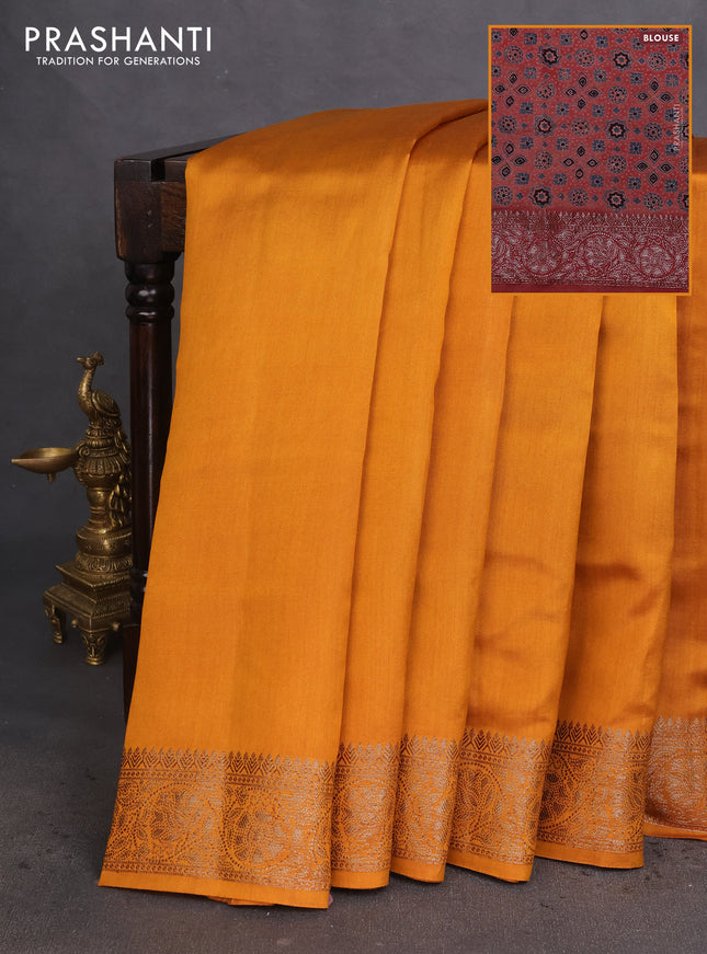 Chiniya silk saree mustard yellow and maroon with plain body and woven border