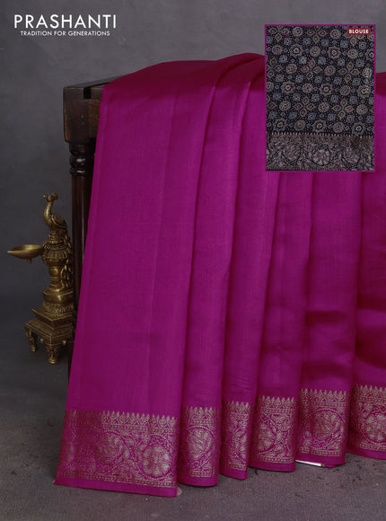 Chiniya silk saree pink and deep jamun with plain body and woven border