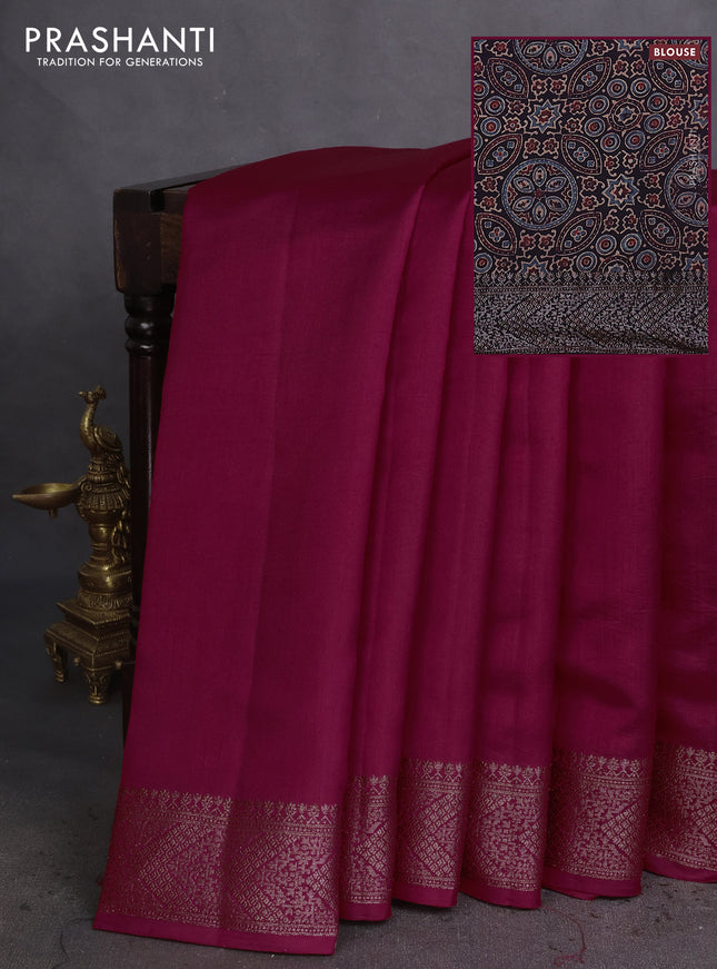 Chiniya silk saree maroon and deep jamun with plain body and woven border