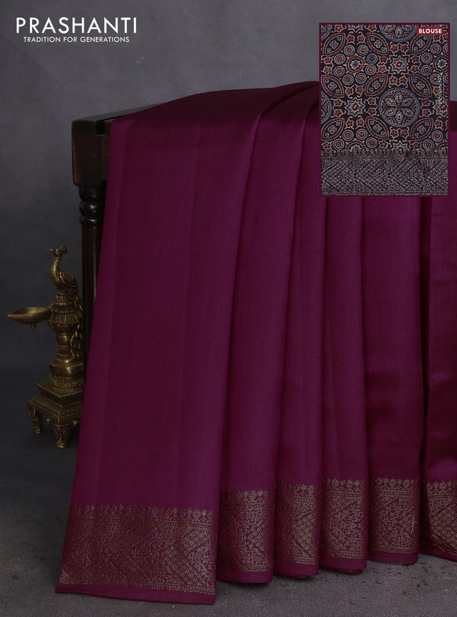 Chiniya silk saree wine shade and deep jamun with plain body and woven border