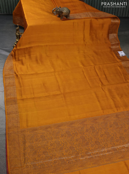 Chiniya silk saree mustard yellow and maroon shade with plain body and woven border