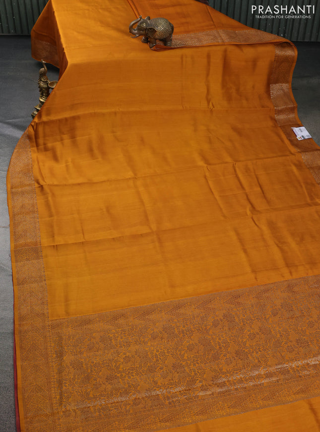 Chiniya silk saree mustard yellow and maroon shade with plain body and woven border