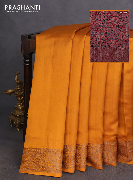 Chiniya silk saree mustard yellow and maroon shade with plain body and woven border
