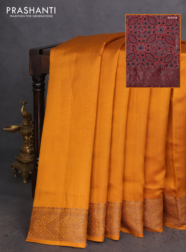 Chiniya silk saree mustard yellow and maroon shade with plain body and woven border