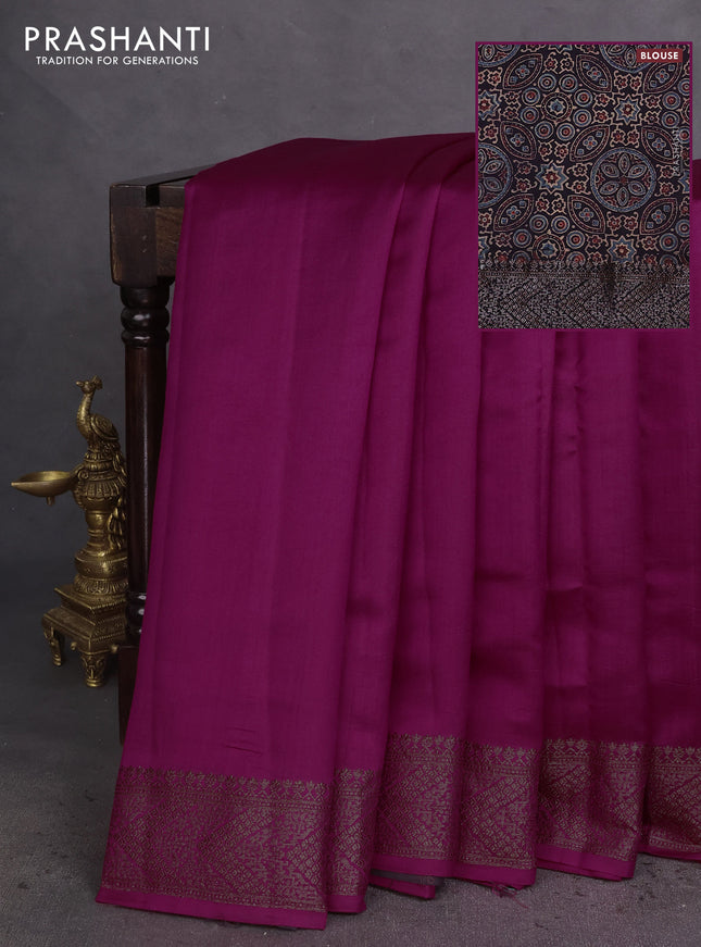Chiniya silk saree pink and deep jamun with plain body and woven border