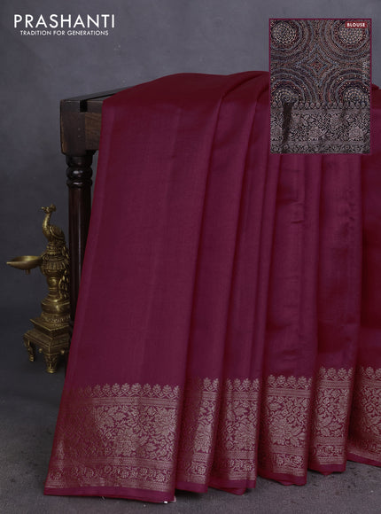 Chiniya silk saree maroon and deep jamun with plain body and woven border