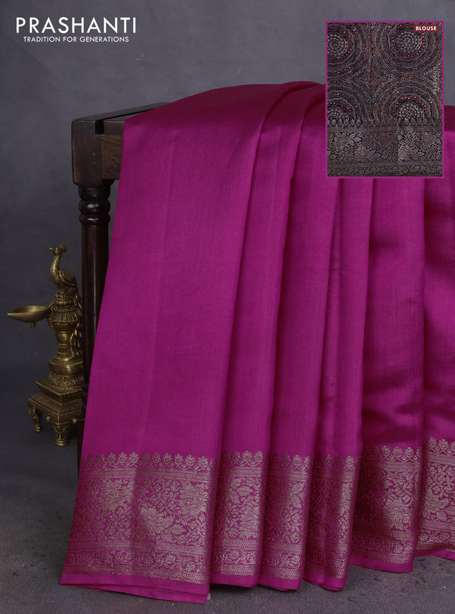 Chiniya silk saree pink and deep jamun with plain body and woven border