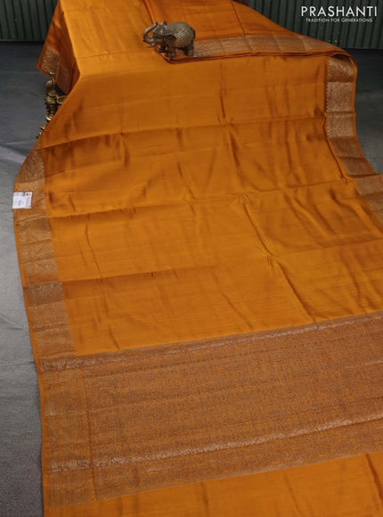 Chiniya silk saree dark mustard and maroon with plain body and woven border