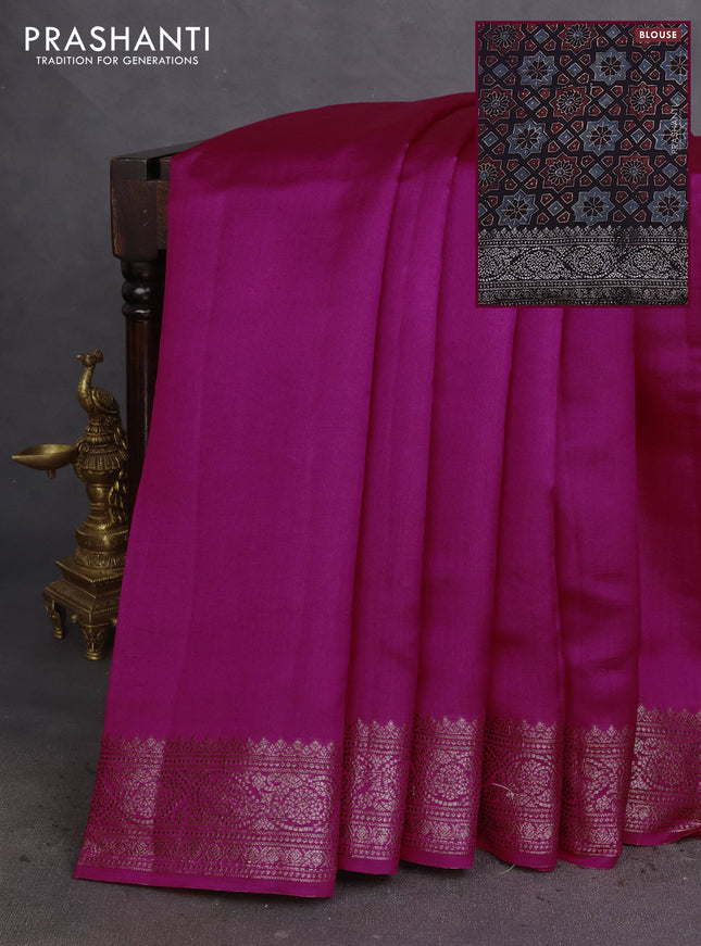 Chiniya silk saree magenta pink and black with plain body and woven border