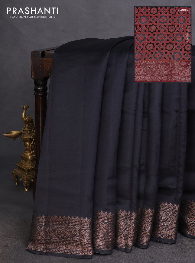 Chiniya silk saree black and maroon with plain body and woven border