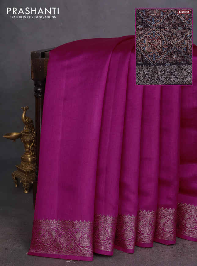 Chiniya silk saree pink and deep jamun with plain body and woven border