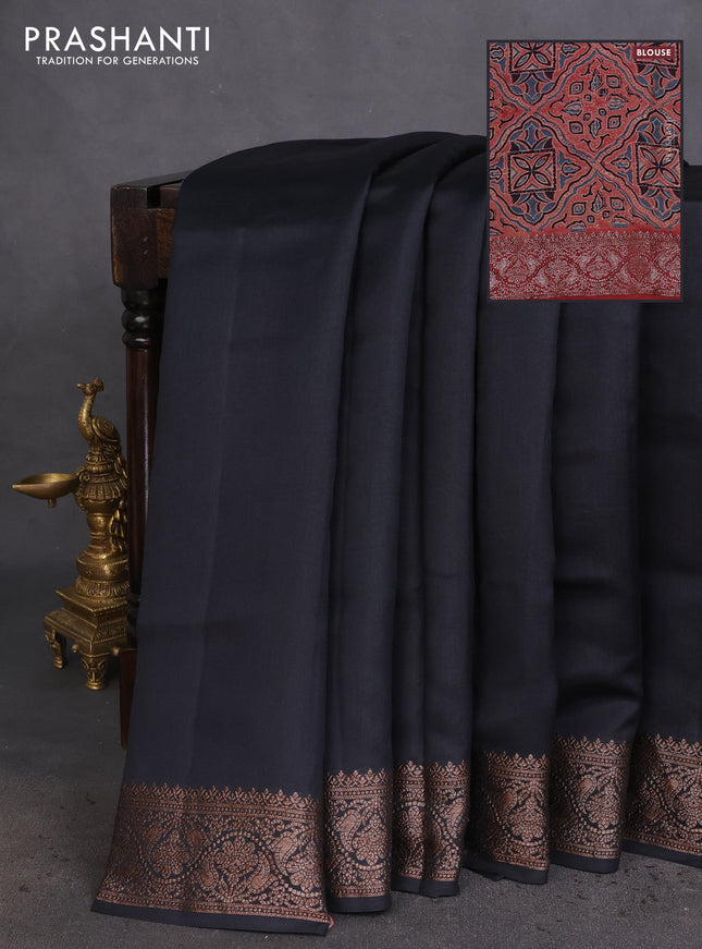 Chiniya silk saree black and maroon with plain body and woven border