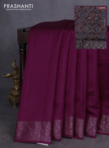 Chiniya silk saree wine shade and black with plain body and woven border
