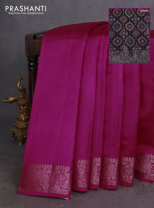 Chiniya silk saree pink and deep brown with plain body and woven border