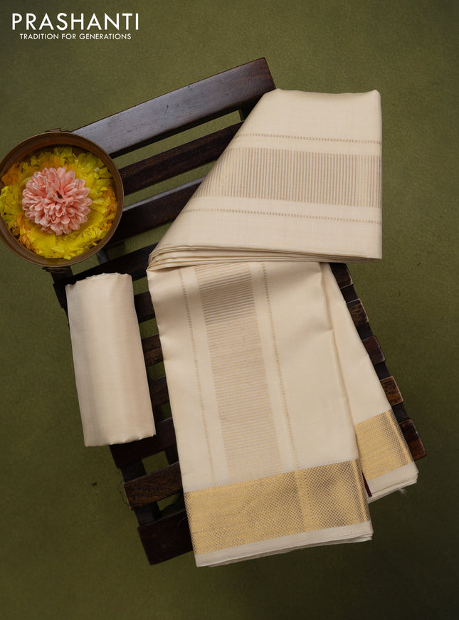 9x5 Pure silk dhoti and matching shirt bit cream with zari woven border