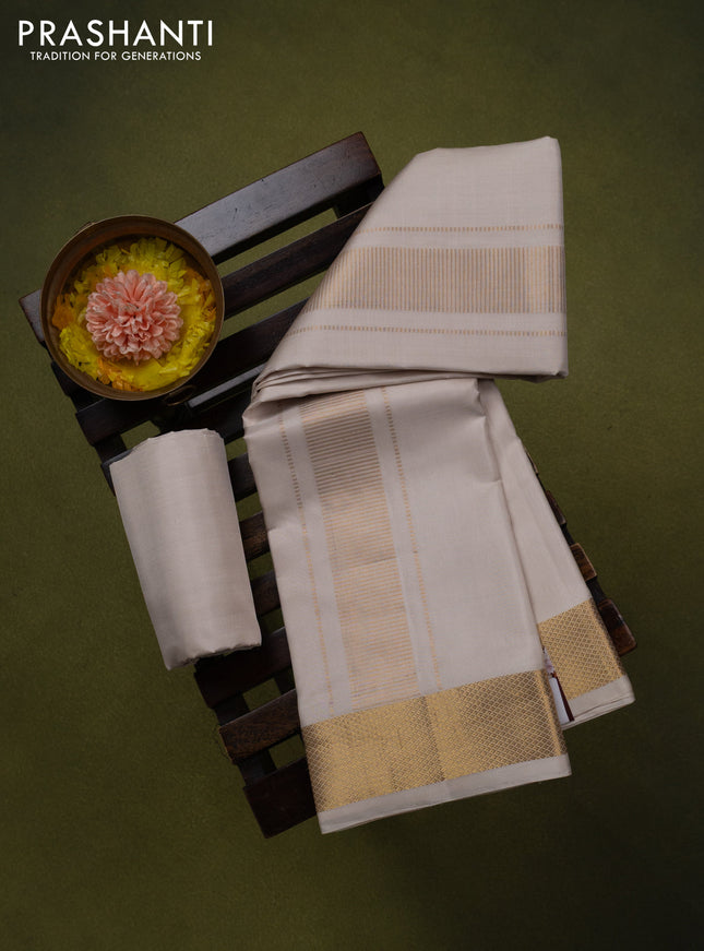 9x5 Pure silk dhoti and matching shirt bit cream with zari woven border