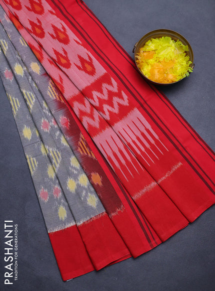 Ikat cotton saree grey and red with allover ikat butta weaves and simple border