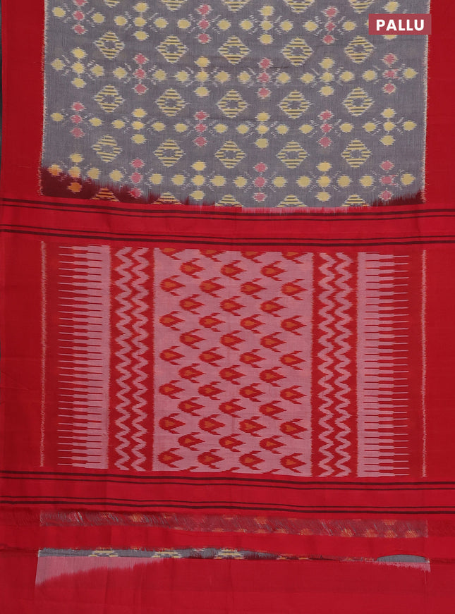 Ikat cotton saree grey and red with allover ikat butta weaves and simple border
