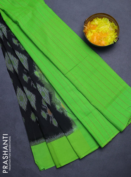 Ikat cotton saree black and parrot green with allover ikat butta weaves and simple border