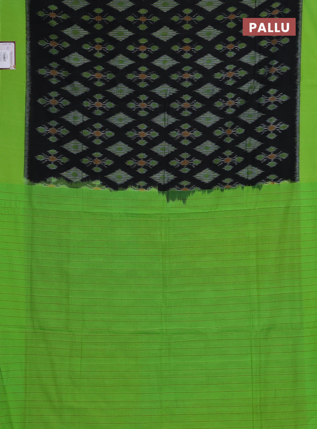 Ikat cotton saree black and parrot green with allover ikat butta weaves and simple border