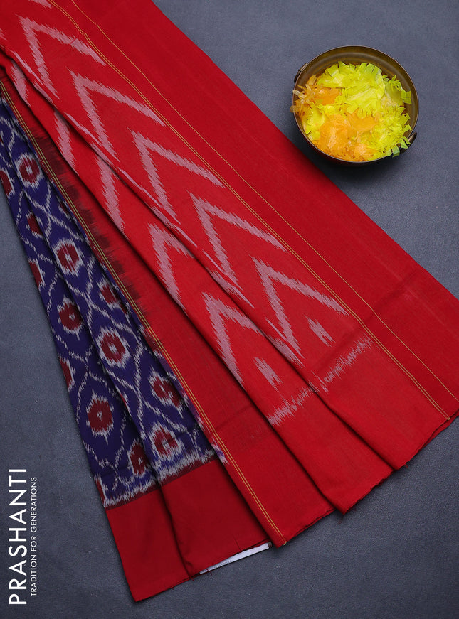 Ikat cotton saree dark blue and maroon with allover ikat weaves and simple border